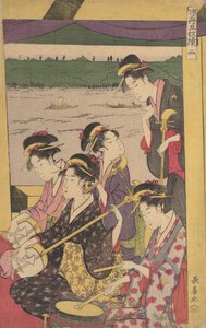 A Party of Geisha in a Suzumi-bune, d.v.s. avkylningsbåt. Andra scenen av en båt..., ca. 1796.