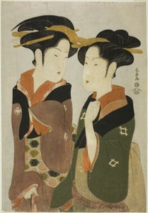 Kan, en servitris från Izutsuya, och geishan Fuseya från Ogiya