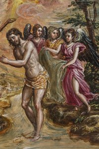 Bärbart altare: detalj av den högra dörrpanelen som visar Kristi dop (tempera grassa på panelen) av El Greco