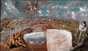 Utsikt över staden Toledo (Toledo) i Spanien och planet under till höger Målning av Domenikos Theotokopoulos dit El Greco (1541-1614) 1608-1614 Sön. 132x228 cm Toledo Museum of Greco av El Greco