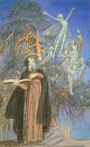 Prospero och Ariel, en studie för en förlorad bild beställd för Broadcasting House, London, ca 1931 (pastell på papper) av Eleanor Fortescue Brickdale