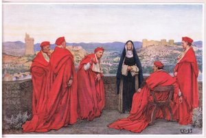 Den heliga Katarina av Sienna förhandlar med påven Gregorius XI på florentinernas vägnar (litho)