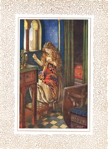 The Lily Maid of Astolat, annars känd som Lady of Shalott, illustration från "Idylls of the King" av Alfred Tennyson (1809-92), publicerad av Hodder & Stoughton