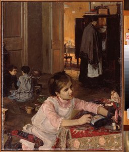 Barnrum (Barn leker med sina leksaker, medan en hembiträde ordnar tvätt i skåpet) - Barnrum - Målning av Elena Dmitryevna Polenova (1850-1898), olja på duk av Elena Polenova