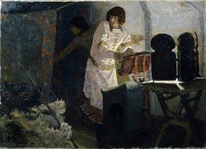 Prins Boris före hans lönnmord (Prins Boris före hans lönnmord). Boris är representerad med sin betjänt, ber i sitt tält, innan hantlangarna till hans halvbror Sviatopolk den fördömde (980-1019) kom för att hugga honom, mellan 1015-1019. Ö av Elena Polenova