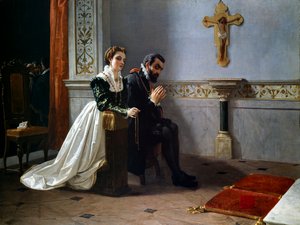 Bianca Cappello och Francois I de Medici (1541-1587) (Francesco Primo I de Medici) ber inför ett krucifix (olja på duk)