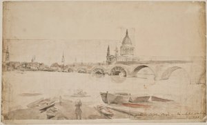 London Bridge och S:t Paul sedda från sidan av Themsens strand av Elias Martin