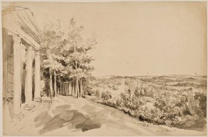 Utsikt över Bacchustemplet och det gotiska templet i bakgrunden vid Painshill av Elias Martin