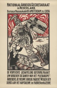 Affisch mot militarism publicerad av National Workers Secretariat i Nederländerna av Elias Smalhout