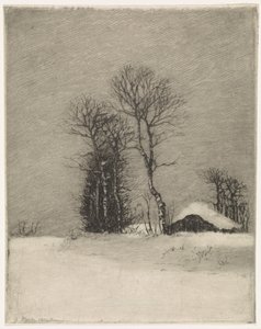 Vinterlandskap med gård och träd