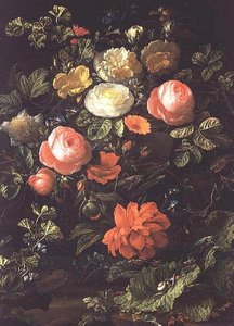 Stilleben med rosor, insekter och sniglar