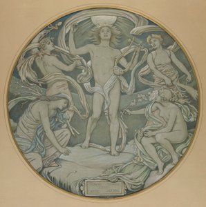 Tecknad film för Center Circle of Huntington Ceiling: Apollo and Attendants av Elihu Vedder