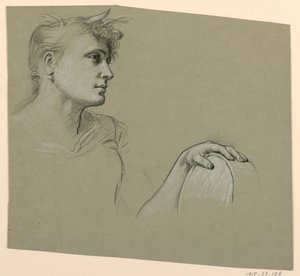 Teckning, kvinnoprofil och studie av vänster hand, ca 1885 av Elihu Vedder