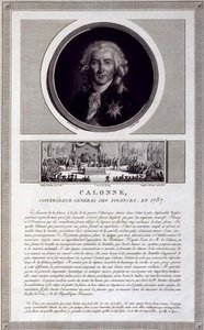 Calonne, ekonomichef, 1787, porträtt graverat av Charles Levachez (fl.1760-1820), med en scen av notabelns församling av Jean Duplessis-Bertaux (1747-1819), ca 1803 (gravyr)