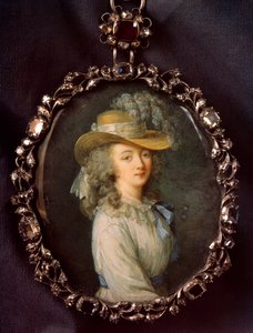Porträtt av Jeanne Becu, grevinnan (eller madame) du Barry (1743-1793) Miniatyrmålning på elfenben tillskriven Nicolas Lawreince (Le Jeune) (1737-1807) av Elisabeth Louise Vigee-Le Brun (1755-1842) Sön. 0,16x0,12 m.