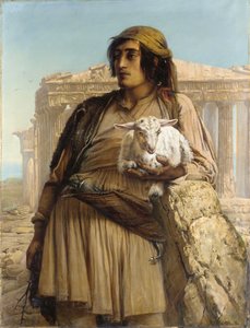 En herdepojke som står framför Parthenon