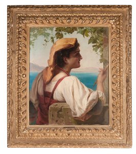 En italiensk jungfru lagade nät i Neapelbukten, 1872