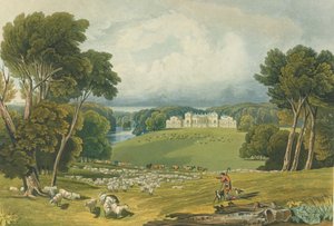 Vy över Holkham Hall, Norfolk, graverad av Robert Havell (1769-1832) 1818 (färggravyr) av Elizabeth Blackwell