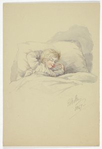 Barn som sover (recto) och fiskare på kajen (verso) av Elizabeth Murray