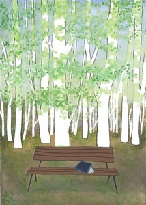 Bench in the Forest, 2017 (akvarell och collage) av Elizabeth Rider