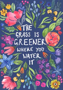 Greener Grass (blå bakgrund), 2018 (akvarell) av Elizabeth Rider