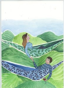 Hanging Out, 2018 (akvarell och collage) av Elizabeth Rider