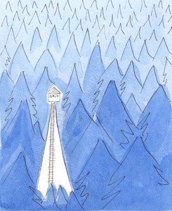 En ranger i ett vakttorn bor i en oas av ljus mitt i ett dystert, kallt, mörkt landskap, 2003 (w/c på papper) av Elizabeth Wang