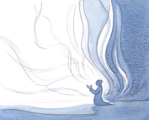 En själ som är hängiven Kristus, verkar vara helt och hållet eld, eftersom Kristi eget ljus strömmar igenom och förvandlar den själen, 2000 (w/c på papper) av Elizabeth Wang