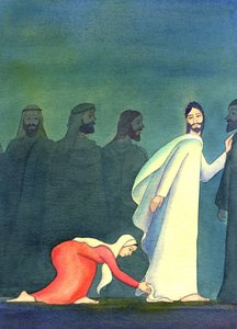 En kvinna tänkte för sig själv, "Om jag bara kan röra vid fållen på hans plagg, blir jag helad", 2001 (w/c på papper) av Elizabeth Wang