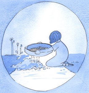 Efter att ha reflekterat över min dag kan jag "sila" bort fel och brister, genom ånger, eftersom jag en gång "silade ut" stenar från en rabatt, 2002 (w/c på papper) av Elizabeth Wang