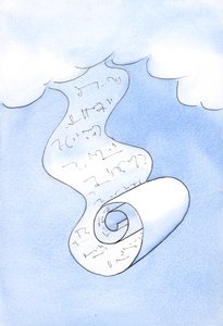 "All lära är en". Guds sanning är en; den består inte av många delar. Det "flödar" från Gud, när en bokrulle faller från himlen, 2002 (w/c på papper) av Elizabeth Wang