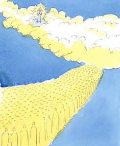 Alla heliga i himlen vet vad människor ända tillbaka till Moses har vetat, att Gud vill att vi ska ära vår mor och far, 2004 (w/c på papper) av Elizabeth Wang