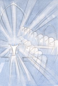 Änglar och heliga böjer sig lågt, tillbedjande, för Kristi offer: "Genom honom, med honom, i honom?", 2001 (w/c på papper) av Elizabeth Wang