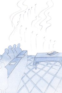 Änglar ekade munkarnas ödmjuka sånger, deras tillbedjan sammanflätad i glädje och ljusa fanor, 2000 (w/c på papper) av Elizabeth Wang