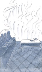 Änglar ekade munkarnas ödmjuka sånger, deras tillbedjan sammanflätad i glädje och ljusa fanor, 2000 (w/c på papper) av Elizabeth Wang