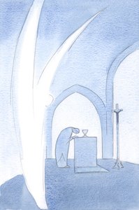 Änglar hedrar Kristi älskade folks värdighet; de bugar sig i hälsning, 2000 (w/c på papper) av Elizabeth Wang