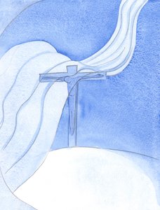 När Kristus utgjuter sitt blod i ett nytt förbund sveper en stor illvillig vind över korset, hotar och förstör, 2001 (w/c på papper) av Elizabeth Wang