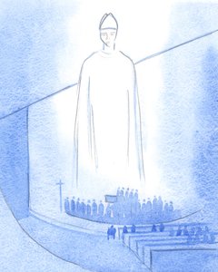 När en ny prästs händer smordes ("Må Jesus bevara dig?"), stod Kristus, klädd som vår biskop, i helgedomen, 2001 (w/c på papper) av Elizabeth Wang