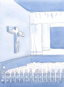 Som ett icke-katolskt barn i en katolsk skola brukade jag titta på figuren på korset och undrade vem han var och varför han var där, 2000 (w/c på papper) av Elizabeth Wang