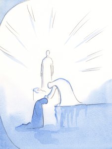 Som om hon böjde sig från en sockel sträckte sig Vår Fru ut och strök mitt huvud. Hon njuter av dem som med glädje talar om henne till andra, 2002 (w/c på papper) av Elizabeth Wang