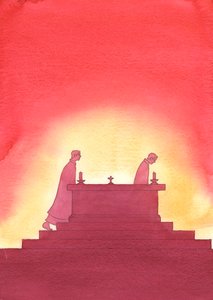 Allt eftersom åren går lämnar en präst altaret och en annan följer i hans fotspår för att offra det heliga offret, 2003 (w/c på papper) av Elizabeth Wang