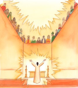 Under mässan, när Kristus ber till Fadern, ser helgonen på från himlen och deltar i våra böner, 2005 (akvarell på papper) av Elizabeth Wang