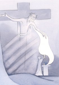 Vid varje mässa hälls Kristi dyrbara blod ut från korset, för vår frälsning från synd, 2000 (w/c på papper) av Elizabeth Wang
