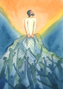 På mässan, som en fiskare, drar Jesus in i sitt rike de som älskar honom, 2001 (w/c på papper) av Elizabeth Wang