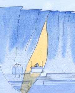 Vid invigningen, genom Kristi närvaro, är det som om en väg har skapats i jordelivets "klippvägg", och Himlens härlighet lyser igenom, 2002 (w/c på papper) av Elizabeth Wang