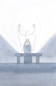 Vid offret bad Kristus å våra vägnar, armarna utsträckta mot Fadern., 2000 (w/c på papper) av Elizabeth Wang