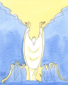 Eftersom Jesus Kristus är Gud såväl som människa, och närvarande bland oss vid mässan, 2003 (w/c på papper) av Elizabeth Wang