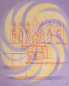 Inför tabernaklet är vi i den levande Gudens närvaro, vars treeniga härlighet fyller kyrkan, 2003 (olja ombord) av Elizabeth Wang
