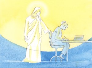 Av Guds nåd kan varje dag tillbringas i Kristi sällskap, som om man lever halvvägs in i himlen, under varje ögonblick av arbete och bön, 2002 (w/c på papper) av Elizabeth Wang