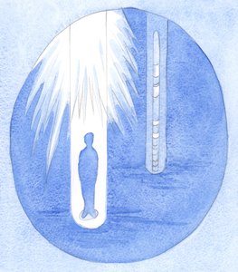 Genom att se vårt dagliga liv, i Guds ljus, ser vi "skikten" av beröm, arbete, förbittring, oförlåtna synder, oförrättade fel - som att ta prover av kärna från marken, 2001 (w/c på papper) av Elizabeth Wang